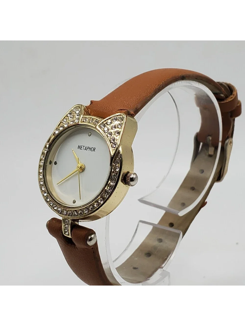 Metaphor Rhinestone Quartz Watch Women 26mm Gold Tone Brown Band New Battery
